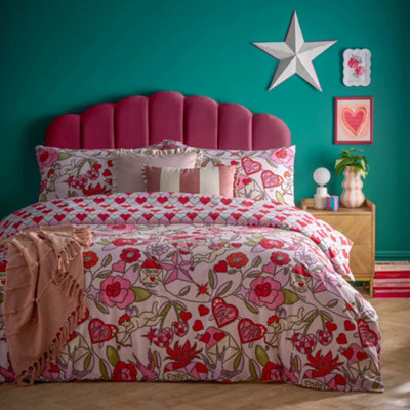 Image of Furn Furn Glass Hearts Printed Duvet Cover Set in Pink Size: Single Pink Single Unisex 5025532851574