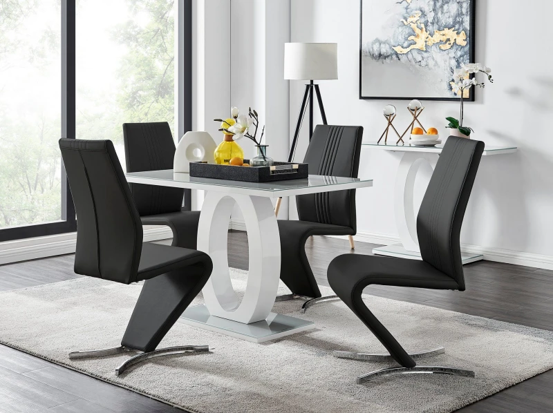 Image of FurnitureboxUK FurnitureboxUK Giovani Grey White Modern High Gloss And Glass Dining Table And 4 Willow Chairs Set in Black One Size Unisex 50565