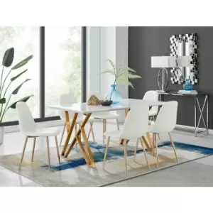 Image of Taranto White High Gloss Dining Table and 6 White Corona Faux Leather Dining Chairs with Gold Legs Diamond Stitch - White