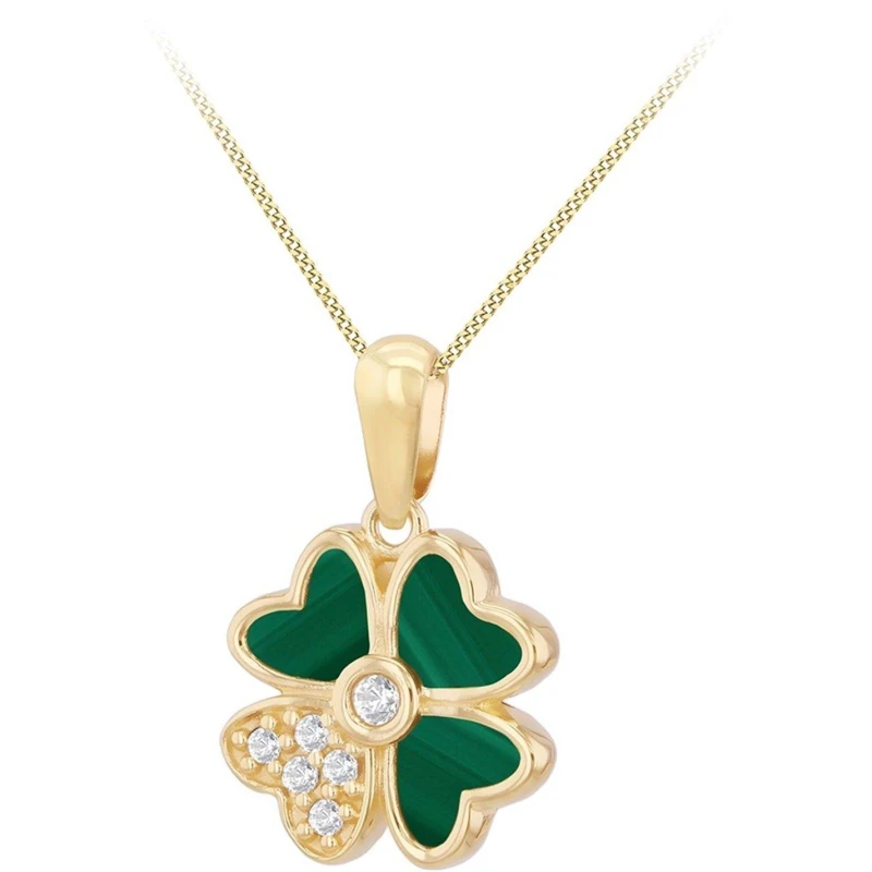 Image of Be You 9ct Gold Synthetic Malachite CZ Flower Necklace Yellow Gold female 18in