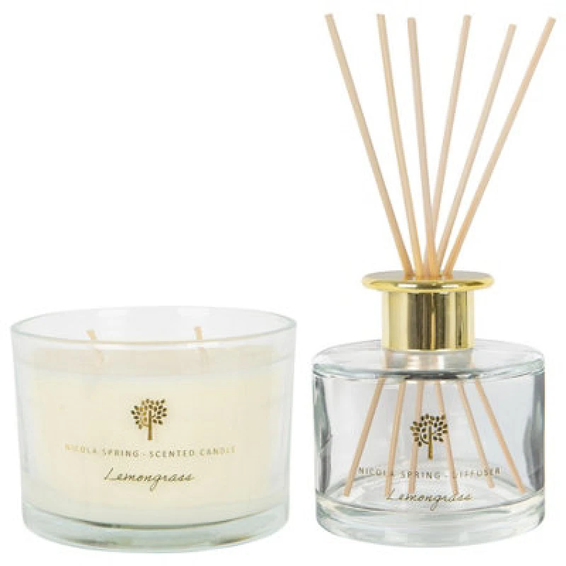 Image of Nicola Spring Soy Wax Scented Candle & Reed Diffuser Set - 350G - Lemongrass Fruity Summer Fragrance Double Wick
