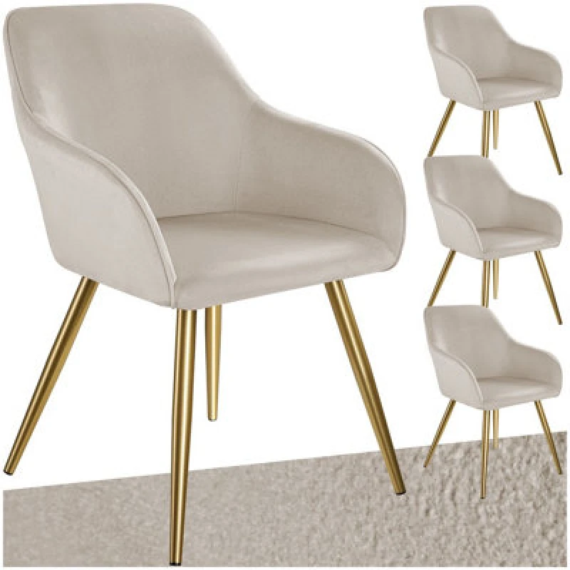 Image of Tectake Set Of 4 Chair Marilyn With Velvet Cover, Gold Steel Legs And Plush Padding - Taupe/gold