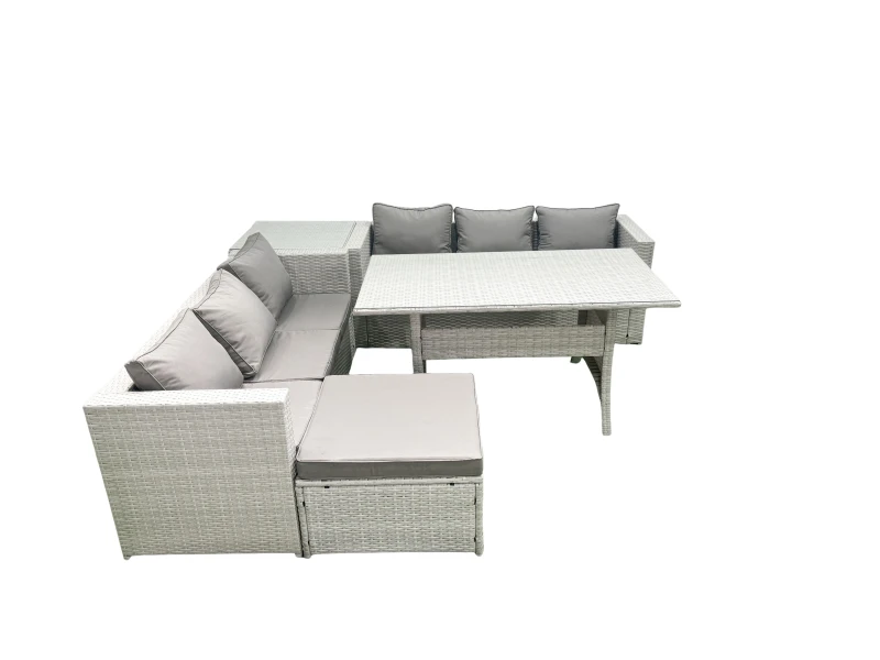 Image of Fimous Rattan Garden Furniture Set 7 Seater Outdoor Sofa Set with Dining Table Side Table Big Footstool Light Grey Mixed Light Grey