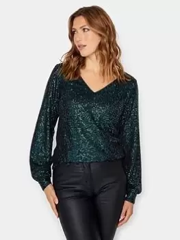 Image of Long Tall Sally Green Sequin V Neck Top, Green, Size 14, Women