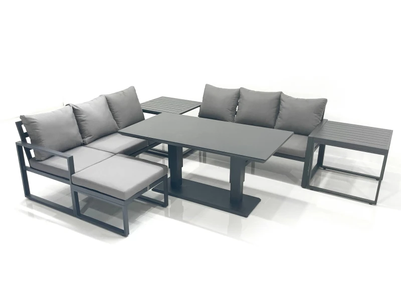 Image of Fimous 7 Seater Aluminium Outdoor Garden Furniture Set with Adjustable Rising Lifting Dining Table 3 Seater Sofa Big Footstool 2 Side Tables Dark Grey
