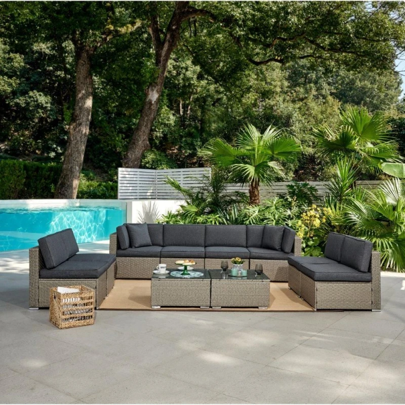 Image of Home Detail Tropez 10 Piece Modular Rattan Garden Furniture Sofa Set U-Shape or Corner with 2 Coffee Tables Grey