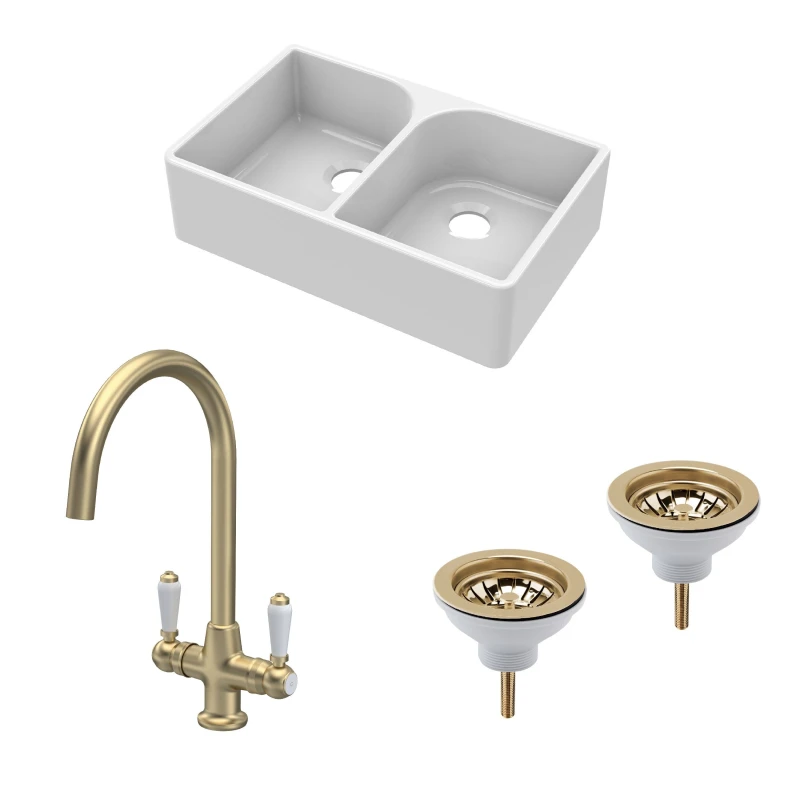 Image of Balterley Fireclay 2 Bowl Full Weir Butler SinkWastes Tap Brushed Brass 795mm Bronze