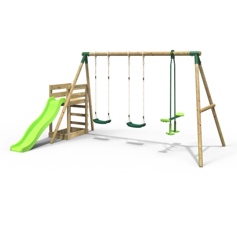 Image of Rebo Wooden Triple Swing Set with Glider and Slide - Neptune Green Green
