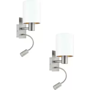 Image of 2 PACK Wall Light Satin Nickel Shade White Copper Fabric E27 LED 1x40W 1x3.5W