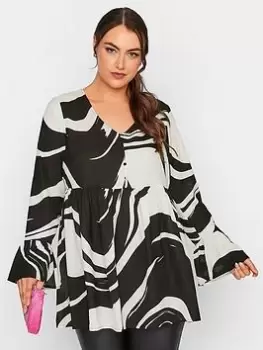 Image of Yours Dip Back Large Mono Swirl Blouse - Black, Size 30-32, Women
