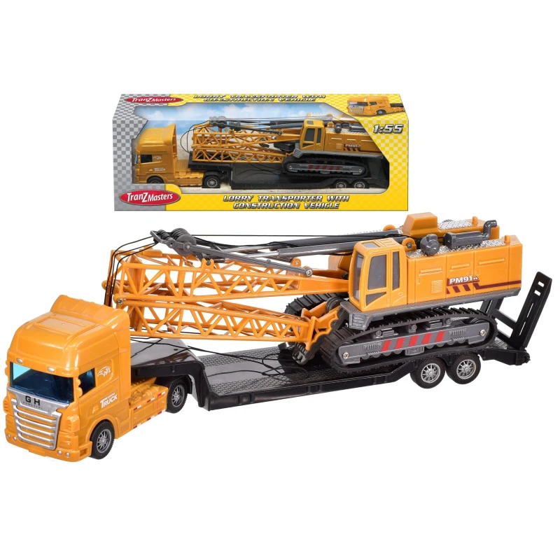 Image of KandyToys Toy Transporter Lorry with Crane Vehicle 1:55 Scale Yellow