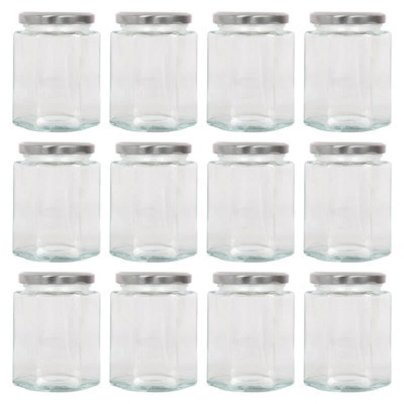 Image of Argon Tableware Hexagonal Glass Jam Jars With Silver Lids - 250ml - Pack Of 12