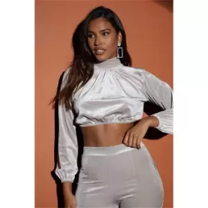 Image of I Saw It First Stone Velour High Neck Balloon Blouse - Brown