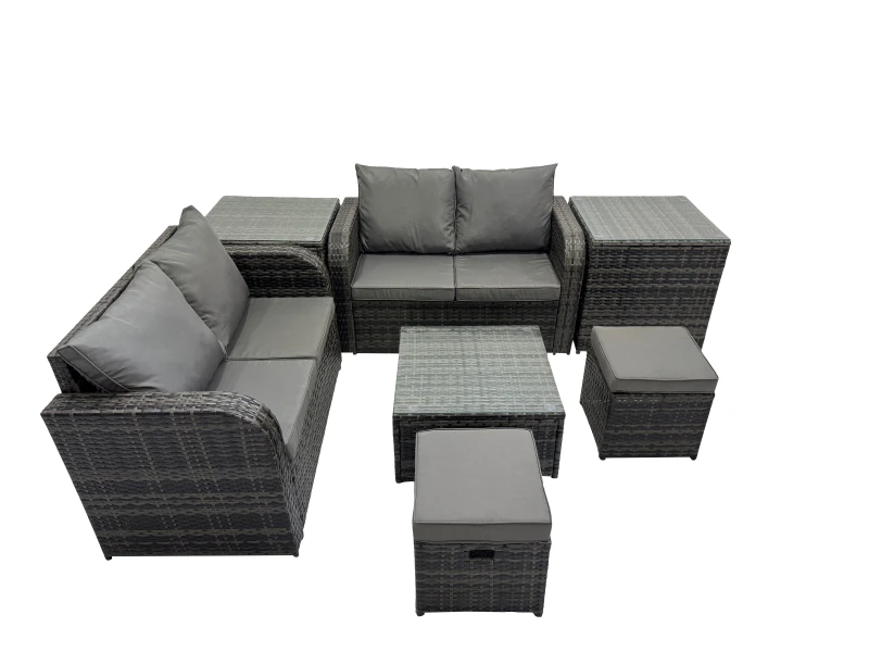 Image of Fimous Love Sofa Square Coffee Table Set with 2 Side Tables 2 Small Stools in Dark Grey Dark Grey Unisex