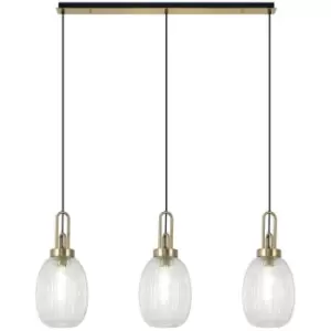 Image of Luminosa Yorktown Linear 3 Light Ceiling Pendant E27 With 20cm Almond Ribbed Glass, Clear Brass Gold, Matt Black