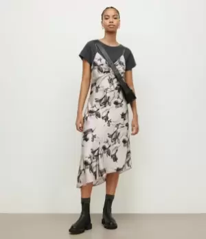 Image of AllSaints Womens Alexia Iris Silk Blend Dress, White/Grey, Size: 12