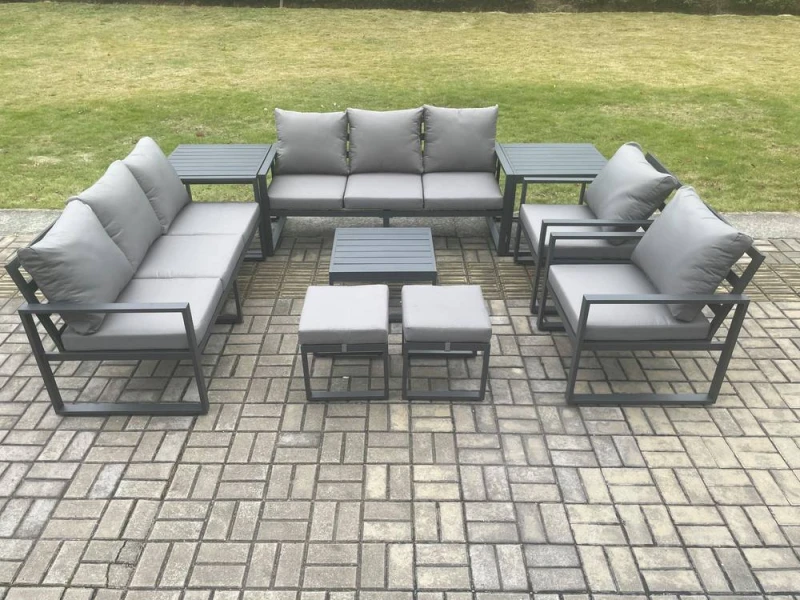 Image of Fimous Aluminium Patio Outdoor Garden Furniture Lounge Sofa Set with Square Coffee Table 2 Chairs 2 Side Tables 2 Small Footstool Dark Grey Dark Grey