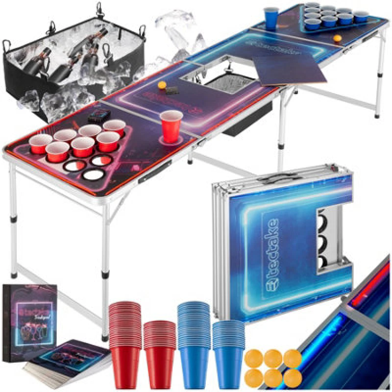 Image of Tectake Drink Pong Table - Ice Box, LED Lighting, Cup Holders, 100 Cups, 6 Balls