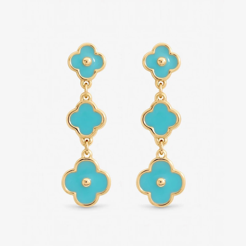 Image of Mood Gold Plated and Turquoise Clover Drop Earrings Gold female One Size