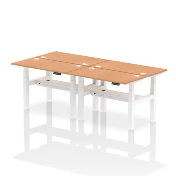 Image of Air Air Back-to-Back 1200 x 600mm Height Adjustable 4 Person Bench Desk Oak Top with Cable Ports White Frame HASCP4P12600OAKW