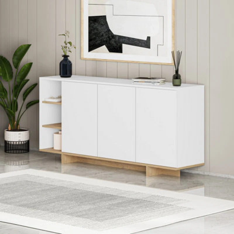 Image of Decortie Sideboard Cabinet 170X80Cm 3-Doors Push-To-Open Storage Console 3 Open Compartments For Living Room White, Oak