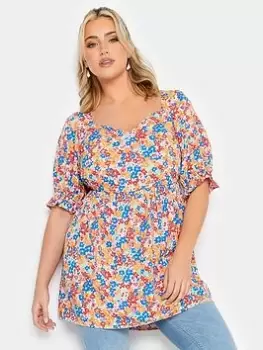 Image of Yours Sweetheart Puff Sleeve Top Pretty Floral, White, Size 30-32, Women
