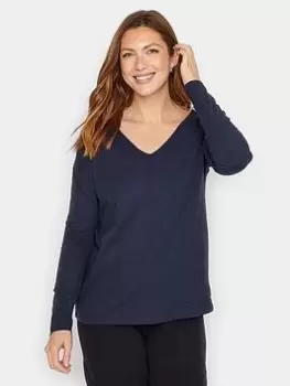 Image of Long Tall Sally Navy V Neck Cotton Slub Long Sleeve Tee, Blue, Size 16, Women