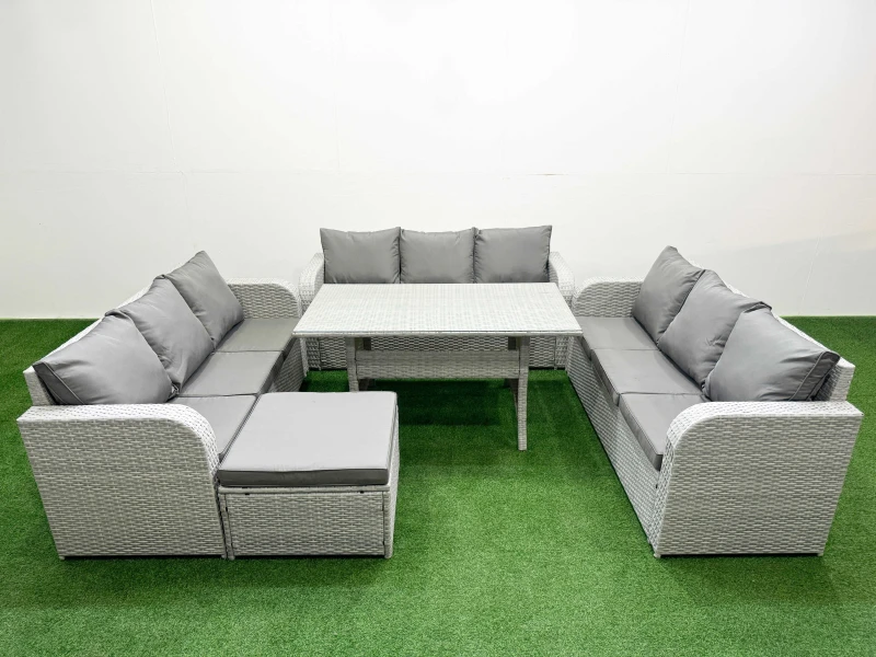 Image of Fimous PE Rattan Lounge Sofa Set 10 Seater Outdoor Garden Furniture Set with Rectangular Dining Table 3 Seater Sofa Big Footstool Light Grey Light Gre