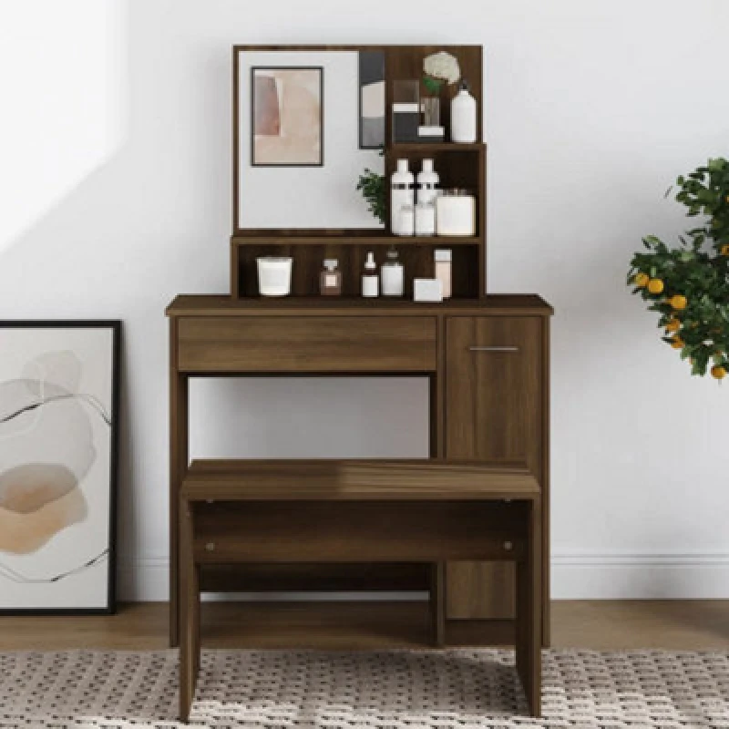 Image of Vidaxl Dressing Table With Mirror Brown Oak 86.5X35X136 Cm, Brown 820495