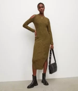 Image of AllSaints Womens Daina Merino Wool Dress, Khaki Black Twist, Size: S