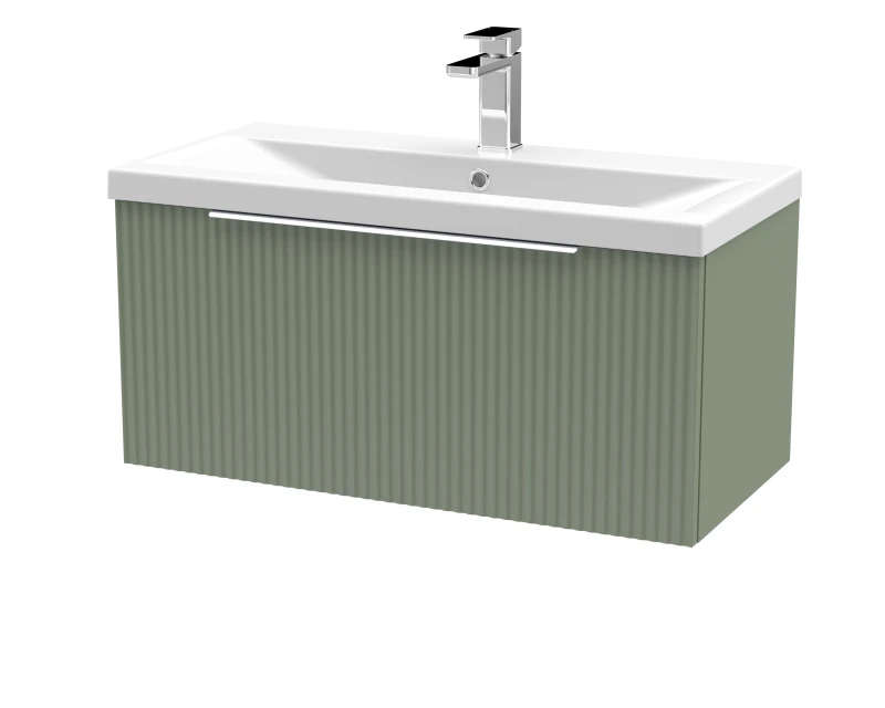 Image of Balterley Fluted Wall Hung 1 Drawer Vanity Basin Unit & Basin 800mm, Satin Green Green Unisex