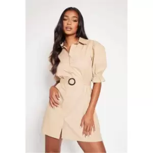 Image of I Saw It First Stone Cotton Poplin Belted Puff Sleeve Shirt Dress - Brown