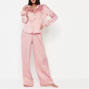 Image of Missguided Satin Long Sleeve Shirt and Wide Leg Bottoms Pyjama Set - Pink