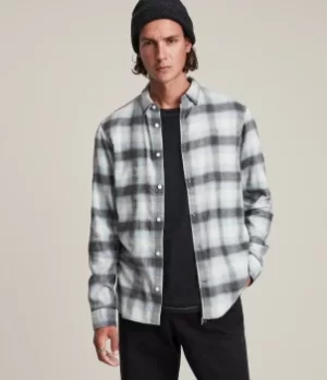 Image of AllSaints Mens Ithaca Check Shirt, Ecru/Blue, Size: XS
