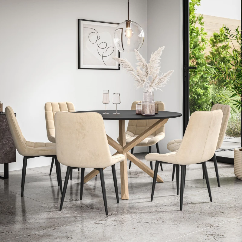Image of More4Homes Malvern Round Dining Table And Chairs - Black Table Top W Solid Oak Legs + Nova Velvet Dining Chair Set Of 6 (Beige)