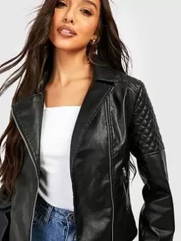 Image of Boohoo Faux Leather Biker Jacket - Black, Size S, Women