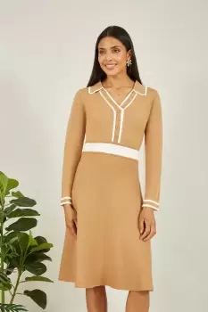 Image of Camel Contrast Collar Knitted Dress