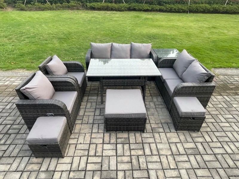 Image of Fimous 10 Seater Garden Rattan Furniture Dining Table Sofa Set Indoor Outdoor with 2 Reclining Chairs Side Table 3 Footstools Dark Grey Mixed Dark Gre