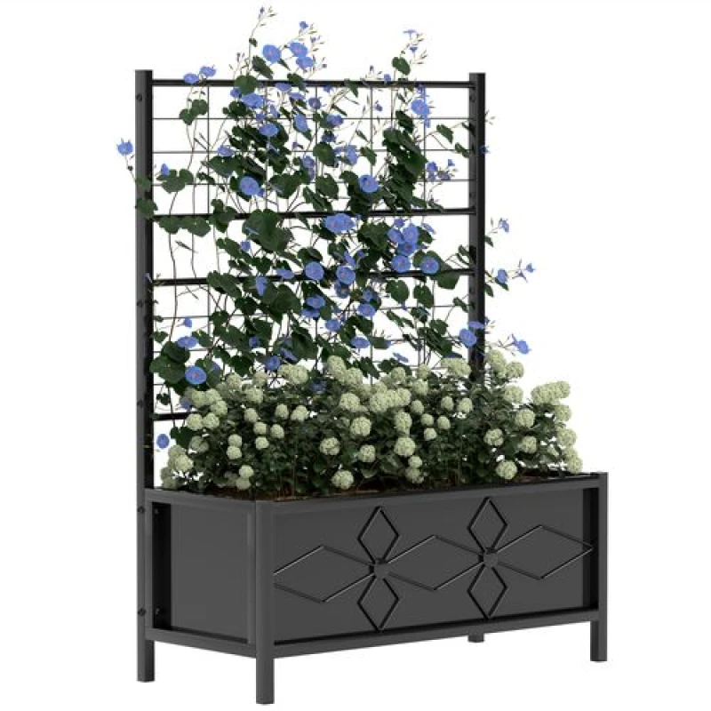 Image of Outsunny Metal Raised Garden Bed Planter Box with Trellis, 90 x 40 x 120cm Black