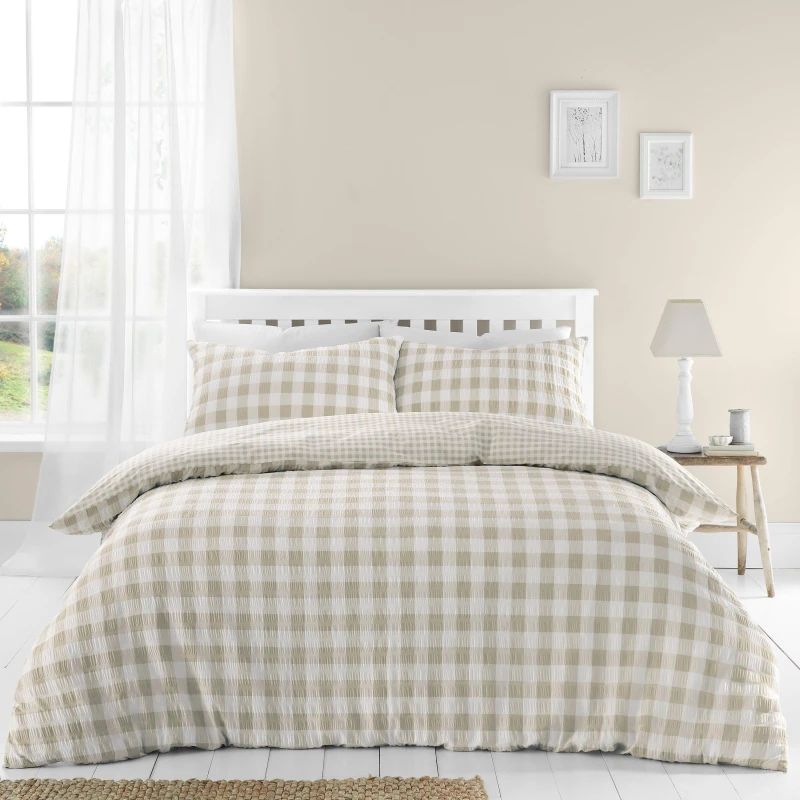 Image of Catherine Lansfield Seersucker Gingham Check Duvet Cover Set Duvet Cover Sets Single Beige 70616569010