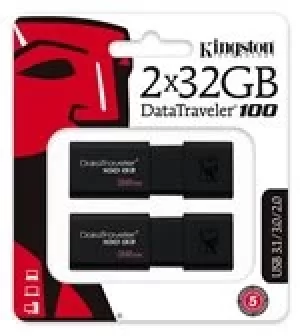 Image of 2 x Kingston Technology 32GB DataTraveler 100 Generation 3 USB 3.0 Drives (Multipack of 2 Drives)