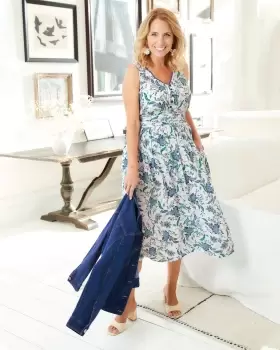 Image of Cotton Traders Womens Printed Crinkle Short Dress in Multi Worn by Jasmine Harman