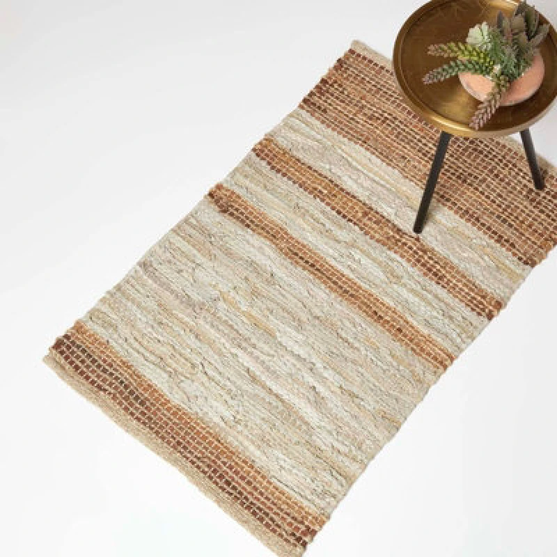 Image of Homescapes Brown Recycled Leather Handwoven Stripe Rug Brown
