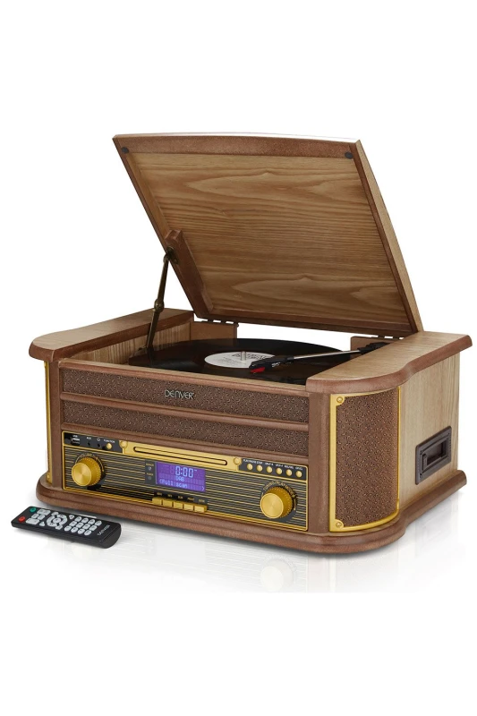 Image of Denver Retro DAB Bluetooth Wooden Record Player, FM, Cassette & CD, USB Recording, AUX IN in Light Brown Light Brown Unisex