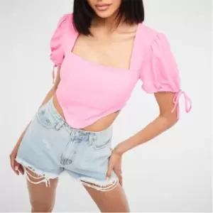 Image of Missguided Textured Puff Sleeve Corset Top - Pink