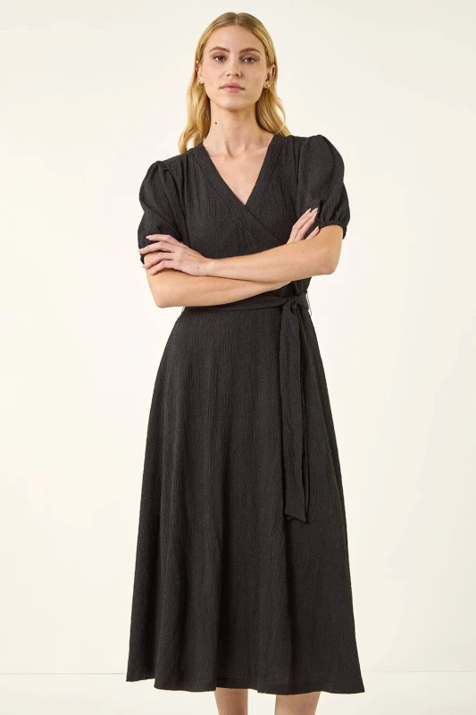 Image of Roman Womens Wrap Bodice Belted Midi Dress in Black Size: 12 Black Female 12