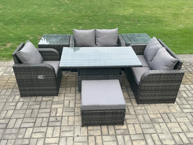 Image of Fimous 6 Seater Rattan Furniture Garden Dining Set Outdoor Height Adjustable Rising lifting Table Love Sofa Chair With Side Table Dark Grey