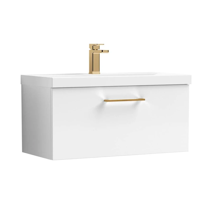 Image of Balterley 800mm Wall Hung 1 Drawer Vanity Basin Unit, Gloss White, Bronze Handle in White White Unisex