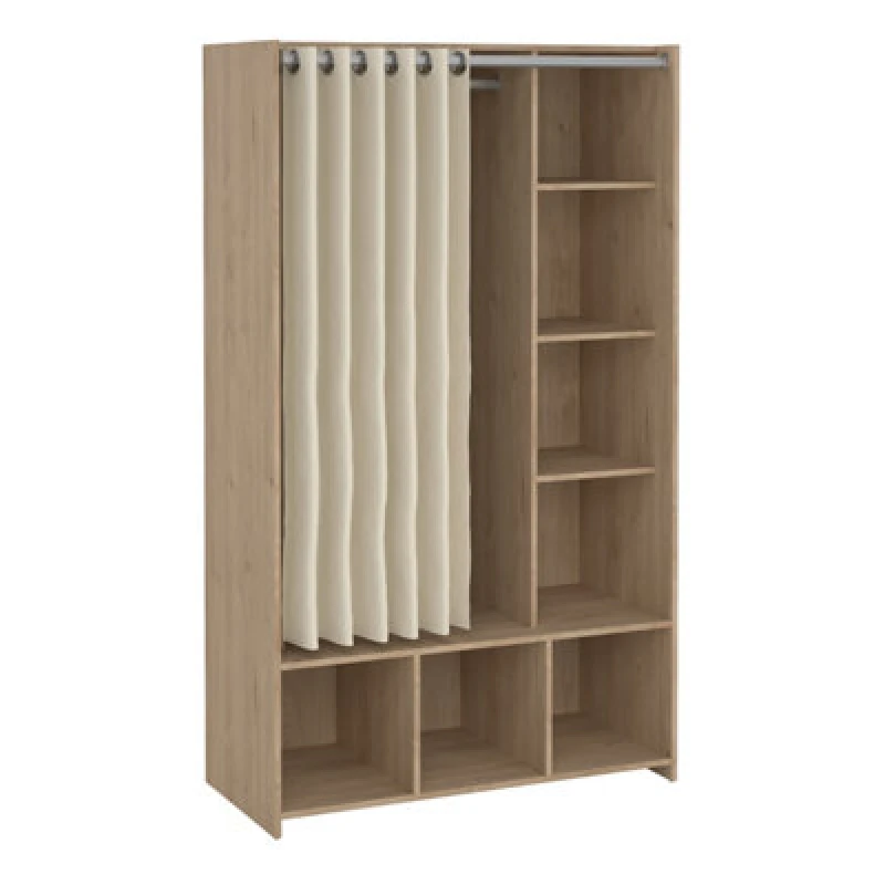 Image of Furniture To Go Uppsala Open Mobile Wardrobe Unit in White with a Grey Textile Curtain Light Oak unisex