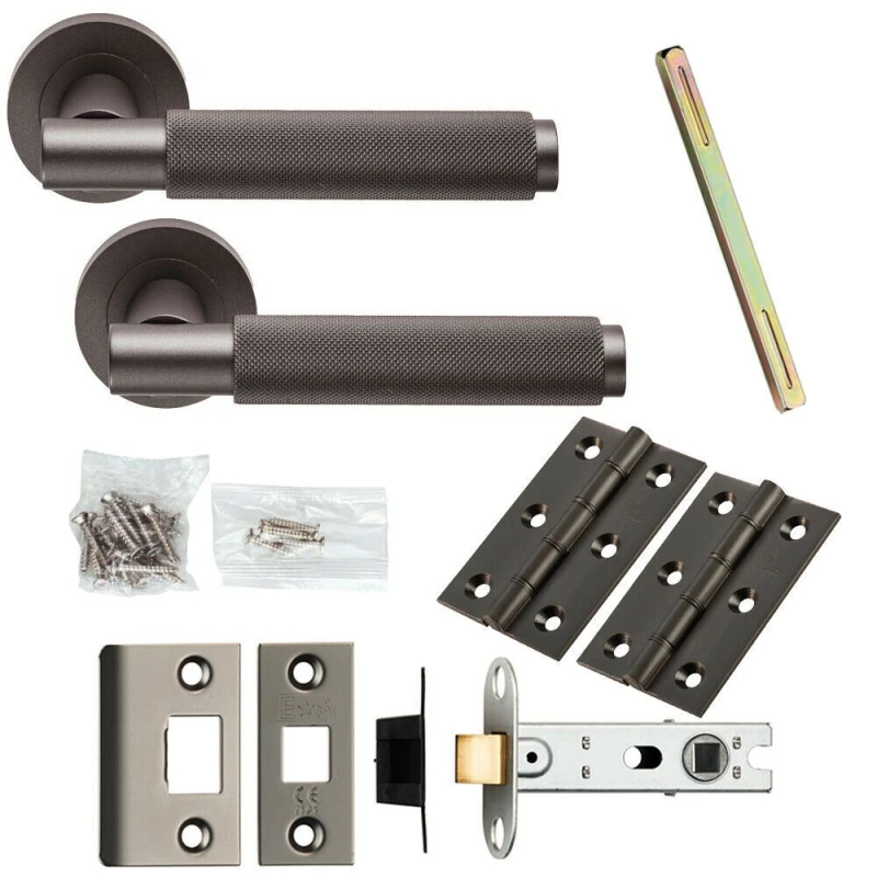 Image of Loops Door Handle & Latch Pack Matt Bronze Knurled Round Bar Screwless Round Rose Multi